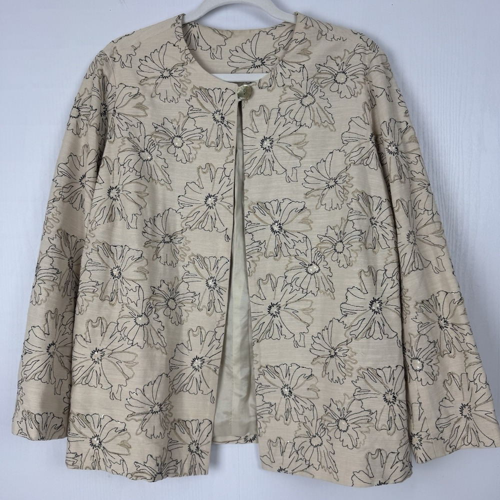 LAURA ASHLEY Woman VTG Cream Taupe Embroidered‎ Floral Silk Jacket Blazer Sz 1X